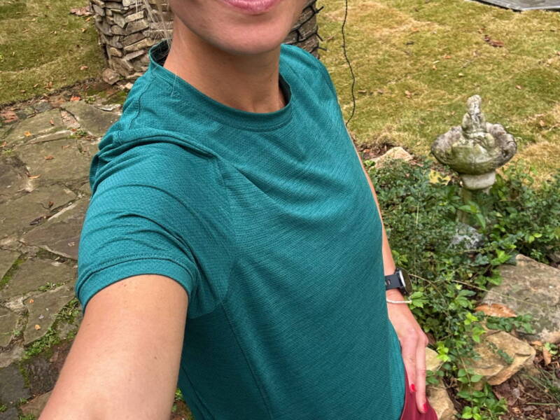 whitney in red and green running outfit