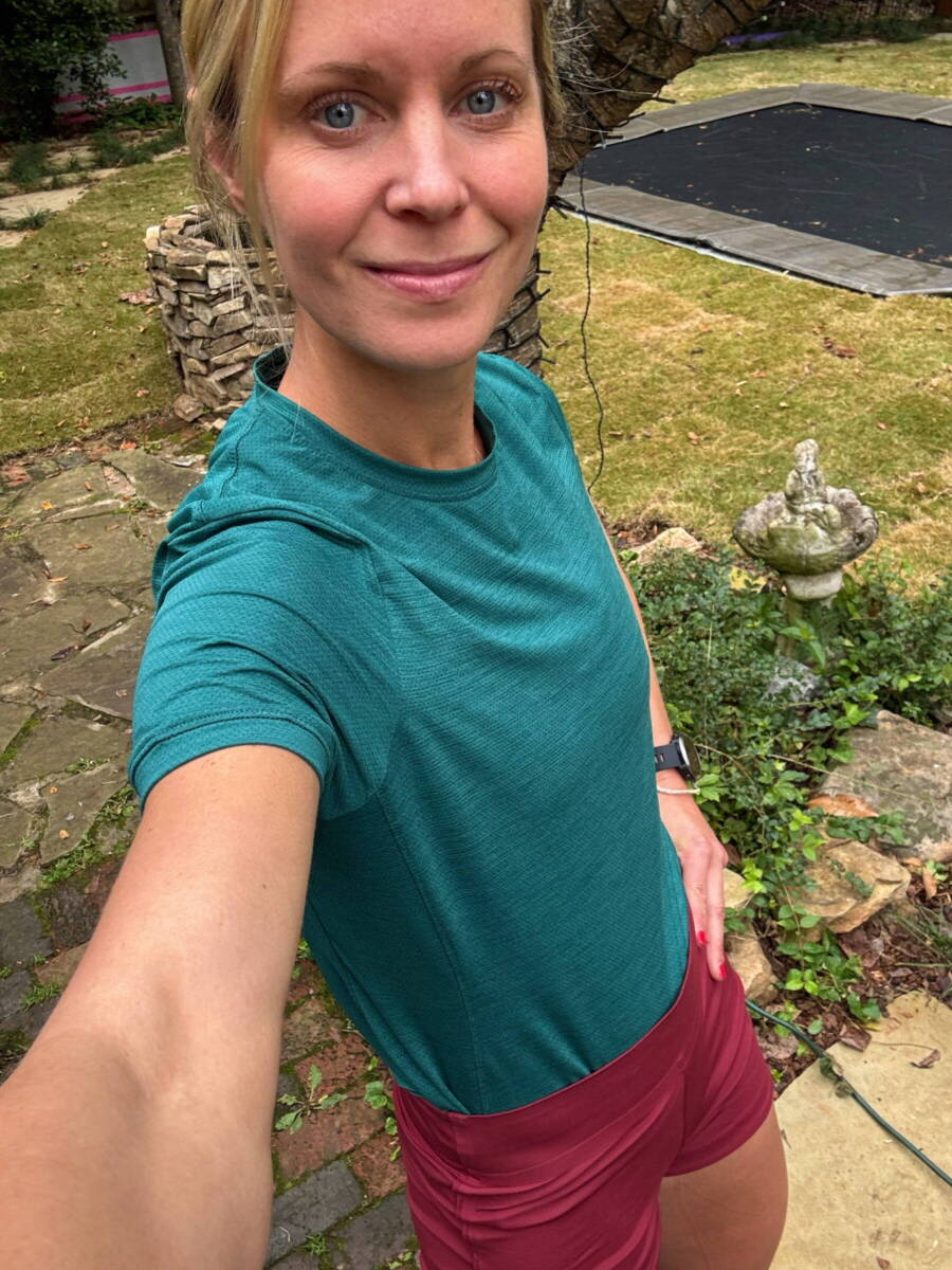 whitney in red and green running outfit