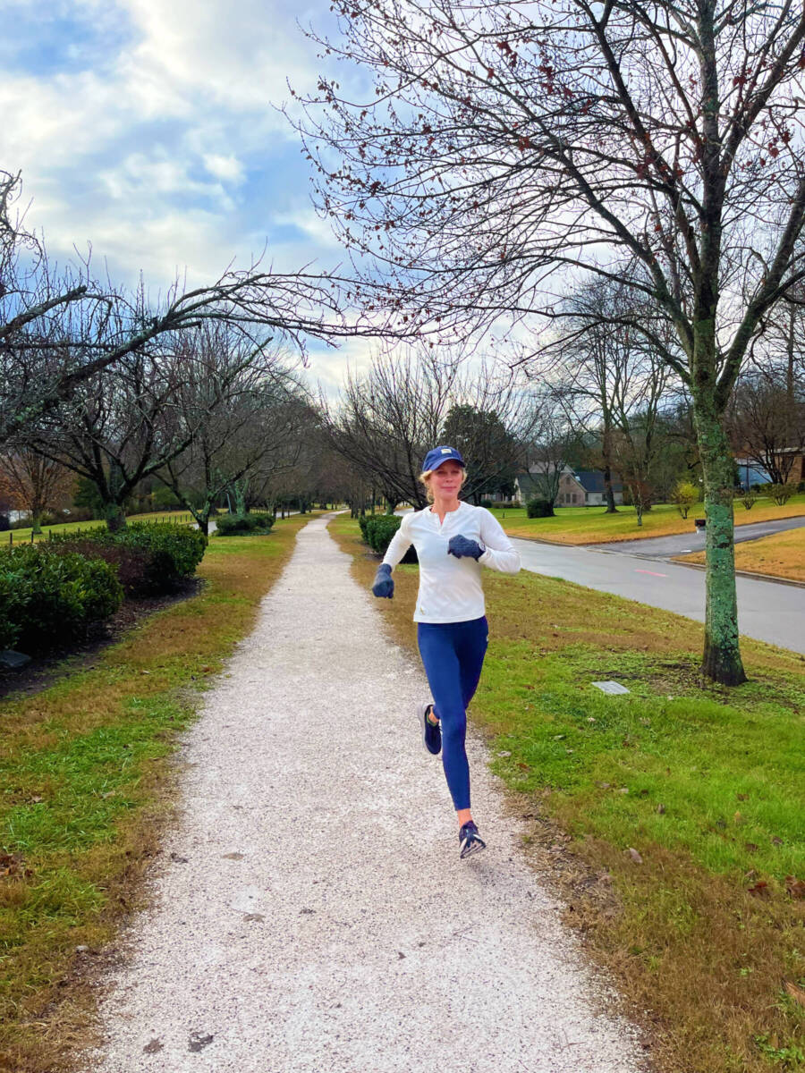 whitney running on gravel path