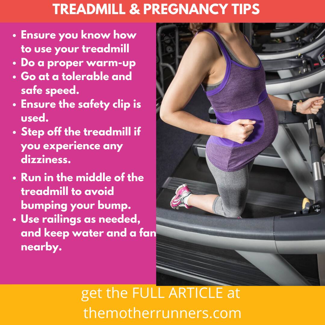 Instagram post with woman on treadmill during pregnancy and tips for running on a treadmill while pregnant.