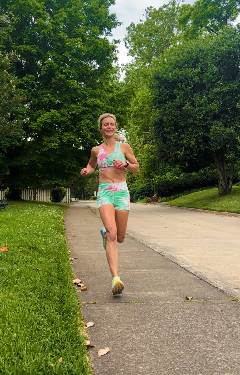 whitney running in tie dyed sports bra and shorts